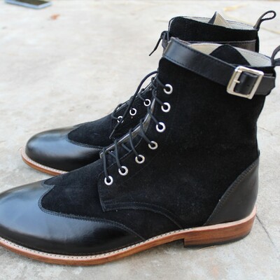 Crafted leather black calf and black suede leather shoes ankle high wingtip buckle strap lace up dress boot - Thumbnail 3