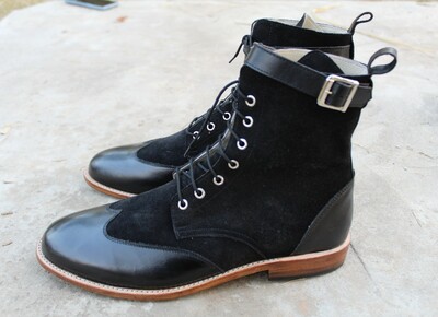 Crafted Leather Black Calf and Black Suede Leather Shoes Ankle High Wingtip Buckle Strap Lace up Dress Boot
