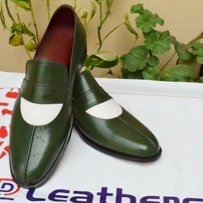 Crafted Leather Handcrafted Green White Leather Moccasin Loafers Dress Formal Shoes
