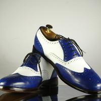 New Handmade Men's Blue White Leather Wing Tip Brogue Lace Up Shoes - Thumbnail 1
