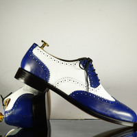 New Handmade Men's Blue White Leather Wing Tip Brogue Lace Up Shoes - Thumbnail 2