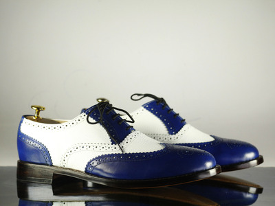 New Handmade Men's Blue White Leather Wing Tip Brogue Lace Up Shoes
