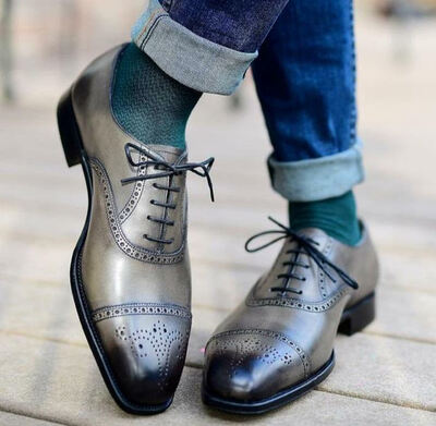 Best Hand Stitch Grey Black Oxfords Brogue Lace Up Dress Wear Shoes