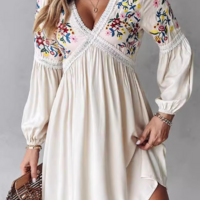 Long Sleeve Embroidered V-neck Casual Dress - Thumbnail 1