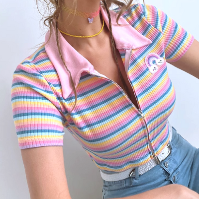*Free Shipping*COLOR STRIPE ZIP UP CROP TOP