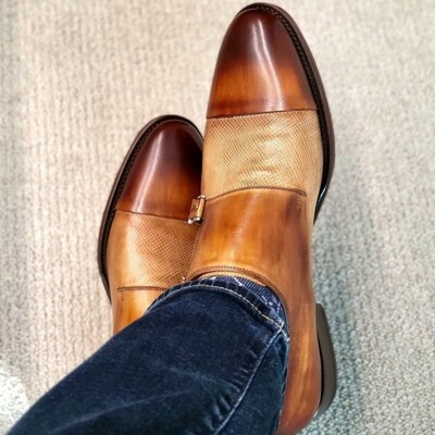 Handmade tan brown double monk strap designer dress shoes - Thumbnail 1