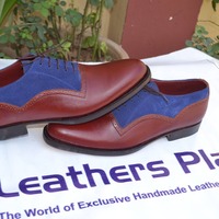 Crafted Leather Handmade Brown Blue Suede Leather Lace up Oxford Dress Formal Shoes - Thumbnail 1