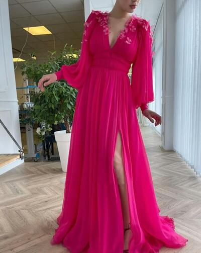 A Line Hot Pink Chiffon Long Puff Sleeves Slit Evening Gowns With 3 D Butterfly Flowers