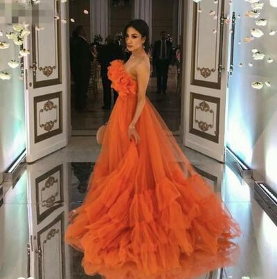 Strapless Orange Ruffles Tulle Evening Dresses 