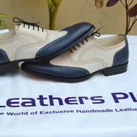 Crafted Leather Bespoke Men's Dress Shoes Blue Beige Leather Wingtip Oxford - Thumbnail 1