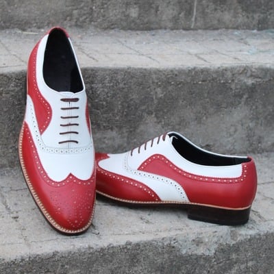Crafted leather bespoke men's dress shoes red white leather classic wingtip oxford - Thumbnail 3