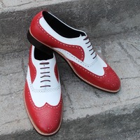 Crafted Leather Bespoke Men's Dress Shoes Red White Leather Classic Wingtip Oxford - Thumbnail 1