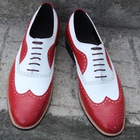 Crafted Leather Bespoke Men's Dress Shoes Red White Leather Classic Wingtip Oxford - Thumbnail 6