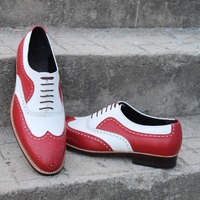 Crafted Leather Bespoke Men's Dress Shoes Red White Leather Classic Wingtip Oxford - Thumbnail 7