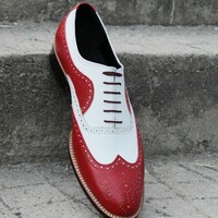 Crafted Leather Bespoke Men's Dress Shoes Red White Leather Classic Wingtip Oxford - Thumbnail 4