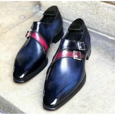 Handmade men's premium blue patina leather dual monk buckle shoes