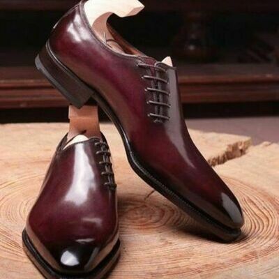 Oxford men maroon derby pointed toe burnished luxury dress leather formal shoes