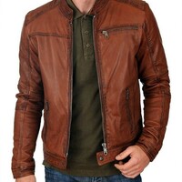 Men's Fashion Real Lambskin Brown Tan Leather Waxed Biker Motorcycle Jacket - Thumbnail 1