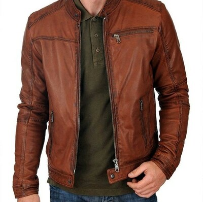 Men's Fashion Real Lambskin Brown Tan Leather Waxed Biker Motorcycle Jacket
