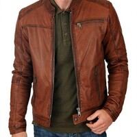 Men's Fashion Real Lambskin Brown Tan Leather Waxed Biker Motorcycle Jacket - Thumbnail 1