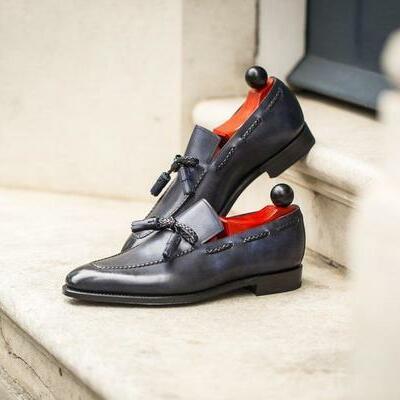 Handmade men leather shoe, blue string loafer for men, formal leather shoes