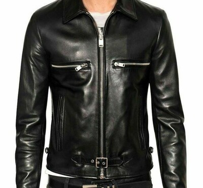 Mens casual black genuine real Leather Jacket