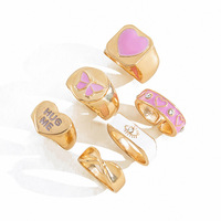 6PCS Y2K Pink Heart Butterfly Hug Me Rings Set - Thumbnail 3