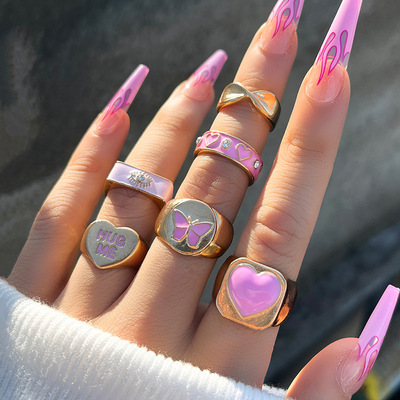 6pcs y2k pink heart butterfly hug me rings set