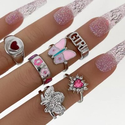 6pcs dripping oil butterfly flower letter joint ring set