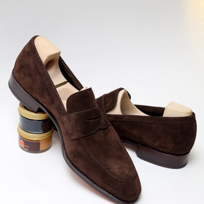 Luxury choice dark brownish suede loafers slips on shoes handmade edition