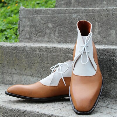 Crafted leather bespoke men dress shoes brown white leather chukka boot