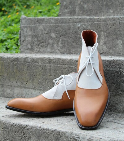 Crafted Leather Bespoke Men Dress Shoes Brown White Leather Chukka Boot