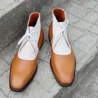 Crafted Leather Bespoke Men Dress Shoes Brown White Leather Chukka Boot - Thumbnail 3