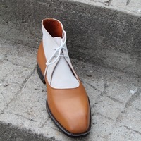Crafted Leather Bespoke Men Dress Shoes Brown White Leather Chukka Boot - Thumbnail 4