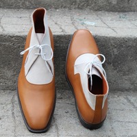 Crafted Leather Bespoke Men Dress Shoes Brown White Leather Chukka Boot - Thumbnail 7