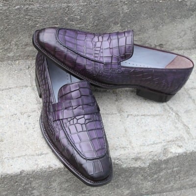 Crafted leather bespoke men dress shoes purple crocodile alligator leather moccasin loafers - Thumbnail 3