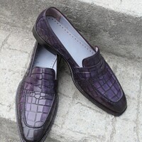 Crafted Leather Bespoke Men Dress Shoes Purple Crocodile Alligator Leather Moccasin Loafers - Thumbnail 2