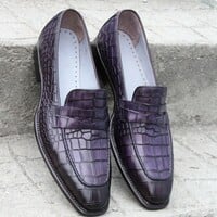 Crafted Leather Bespoke Men Dress Shoes Purple Crocodile Alligator Leather Moccasin Loafers - Thumbnail 3