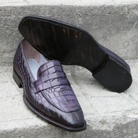 Crafted Leather Bespoke Men Dress Shoes Purple Crocodile Alligator Leather Moccasin Loafers - Thumbnail 4