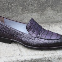 Crafted Leather Bespoke Men Dress Shoes Purple Crocodile Alligator Leather Moccasin Loafers - Thumbnail 6