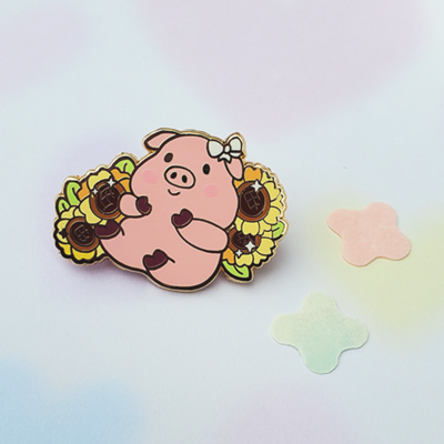 Pig with sunflowers enamel pin
