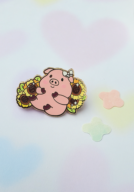 Pig with Sunflowers Enamel Pin