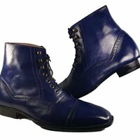 Stylish Men's Handmade Navy Blue Leather Cap Top Ankle High Fashion Lace Up Boot - Thumbnail 4