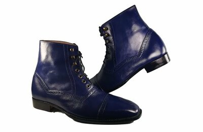 Stylish Men's Handmade Navy Blue Leather Cap Top Ankle High Fashion Lace Up Boot