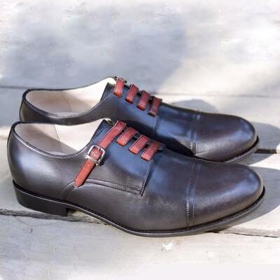 Oxford handmade brown rounded cap toe genuine leather stylish buckle men shoes