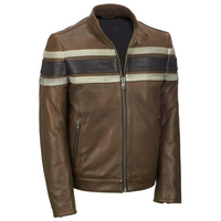 New Men's Brown Stripped Biker Leather Jacket Scooter Motorcycle fashion Jacket - Thumbnail 1