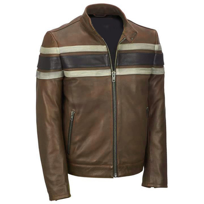 New men's brown stripped biker leather jacket scooter motorcycle fashion jacket