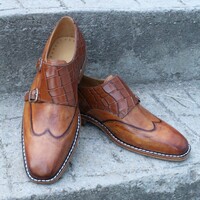 Crafted Leather Handmade Brown Leather Crocodile Alligator Monk Strap Wingtip Dress Shoes - Thumbnail 2