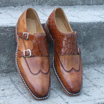 Crafted leather handmade brown leather crocodile alligator monk strap wingtip dress shoes - Thumbnail 4