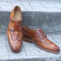Crafted Leather Handmade Brown Leather Crocodile Alligator Monk Strap Wingtip Dress Shoes - Thumbnail 3
